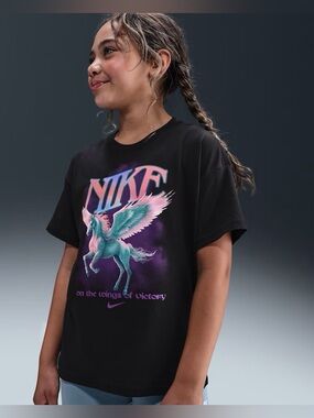 Nike Black Kids Pegasus Graphic Tee with Teal & Pink Print